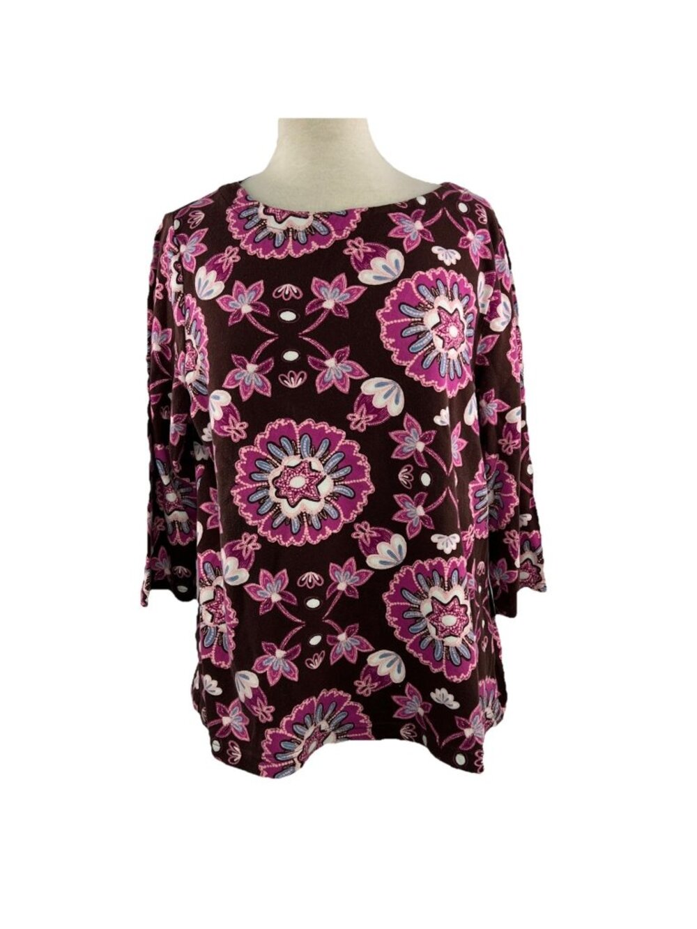 Croft & Barrow Size XXL Top Floral Brown Fuchsia Pink 3/4 Sleeve Cotton